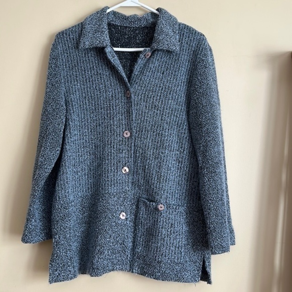 Women’s‎ blue black button down knit cardigan  L - Picture 2 of 8